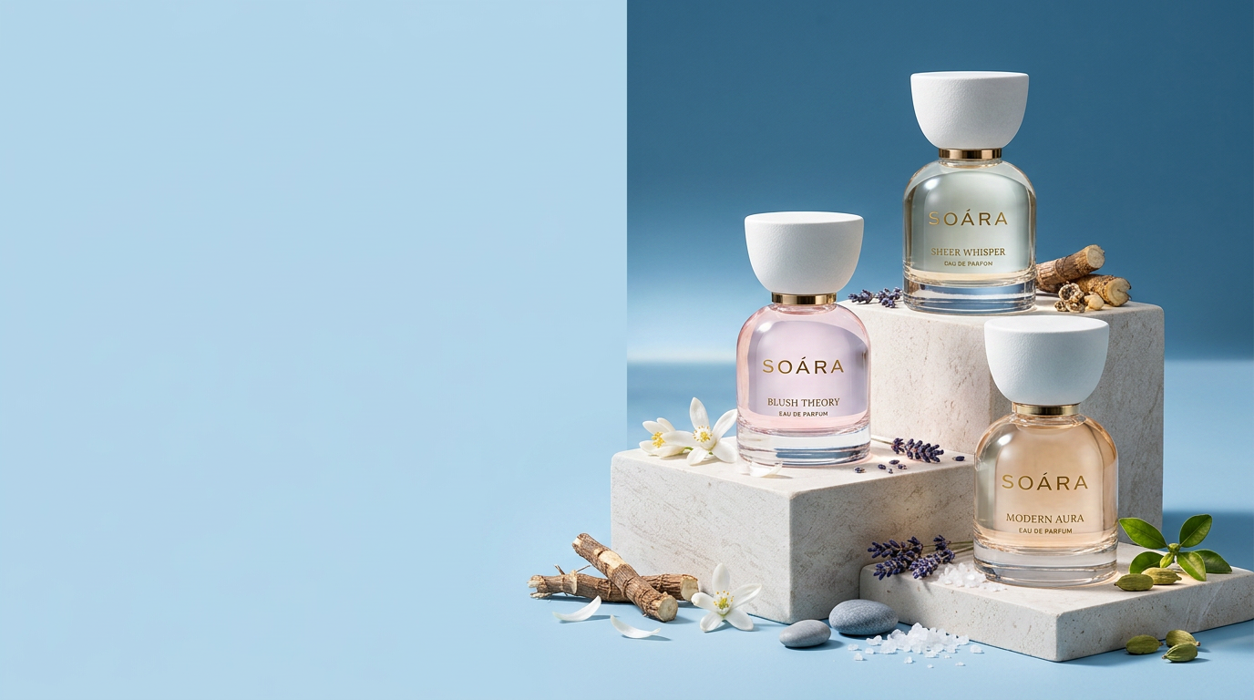 The three Soára fragrances on pale stone plinths against a soft blue sky field